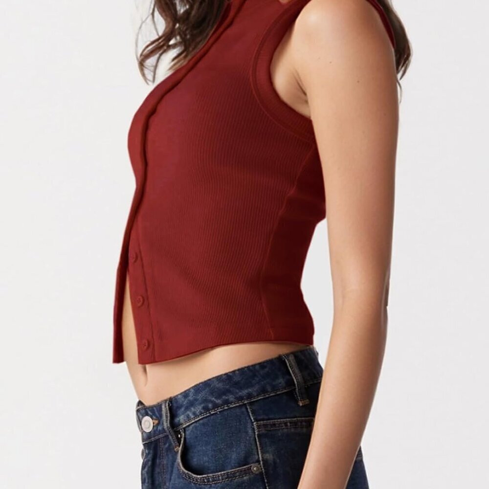 Women’s Ribbed Button Down Tank Top Summer Sleeveless Crop Casual Trendy - Picture 3 of 5